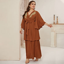 Load image into Gallery viewer, Fridayin Arabic Dress for Women Plus Size Embroidered Chest Kaftan Sundress Holiday Beach V-Neck Full Sleeve Loose Vestidos