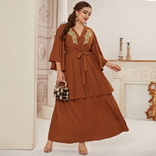 Load image into Gallery viewer, Fridayin Arabic Dress for Women Plus Size Embroidered Chest Kaftan Sundress Holiday Beach V-Neck Full Sleeve Loose Vestidos