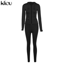 Chargez l'image dans la visionneuse de la galerie, Kliou autumn two piece set women long sleeve hooded zipper pocket sporty Jackets+leggings matching sets workout stretchy outfits