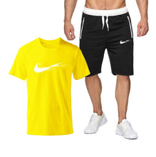 Chargez l'image dans la visionneuse de la galerie, Summer Tracksuit Men Fashion Casual Sets Fitness exercise training jogging clothes Mens Quick Drying T Shirt+Shorts 2-piece set
