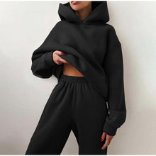 Chargez l'image dans la visionneuse de la galerie, Women's Tracksuit Casual Solid Long Sleeve Hooded Sport Suits Autumn Warm Hoodie Sweatshirts and Long Pant Fleece Two Piece Sets
