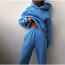 Chargez l'image dans la visionneuse de la galerie, Women's Tracksuit Casual Solid Long Sleeve Hooded Sport Suits Autumn Warm Hoodie Sweatshirts and Long Pant Fleece Two Piece Sets