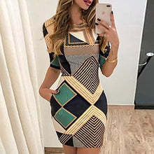 Chargez l'image dans la visionneuse de la galerie, new elegant dress fashion print short-sleeved slim round neck dress ladies spring and autumn mini dress