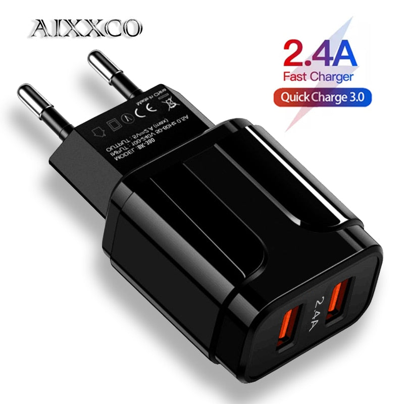 AIXXCO 5V 2A EU Plug LED Light 2 USB Adapter Mobile Phone Wall Charger Device Quick Charge QC 3.0 Mobile Charger Fast Charger