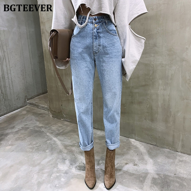 Bgteever Vintage Cao Cấp Thẳng Quần Jean Quần Nữ Dạo Phố Rời Nữ Jean Denim Nút Dây Kéo Quần Jean Nữ 2020