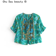 Load image into Gallery viewer, Boho Chic Vintage Phoenix Bird Print Korte Top Vrouwen Nieuwe Mode Ongedwongen Strikje Enkele Breasted Strand Blouses Mujer De moda

