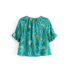 Load image into Gallery viewer, Boho Chic Vintage Phoenix Bird Print Korte Top Vrouwen Nieuwe Mode Ongedwongen Strikje Enkele Breasted Strand Blouses Mujer De moda
