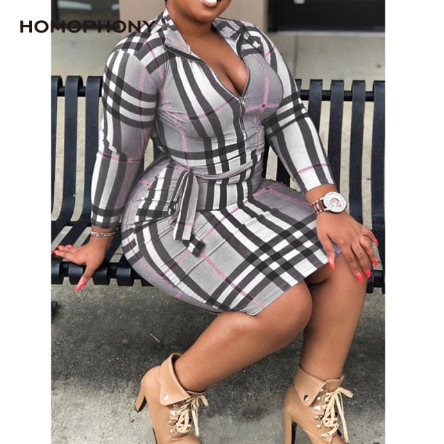 Homophony Autumn Woman Dresses Sexy 5XL Plaid Plus Size Dress Turn-down Collar Lace-Up Zipper Office Ladies Outfits Slim Waist