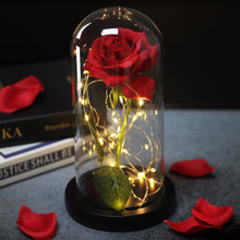 Load image into Gallery viewer, La Bella y La Bestia rosa en el matraz Rosa LED flor luz negro Base cúpula de cristal mejor para el día de la madre regalo del Día de San Valentín
