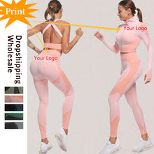 Chargez l&#39;image dans la visionneuse de la galerie, Mulheres sem costura ginásio conjunto de fitness esportes ternos ginásio pano de fitness manga longa camisas cintura alta correndo leggings roupa de treino
