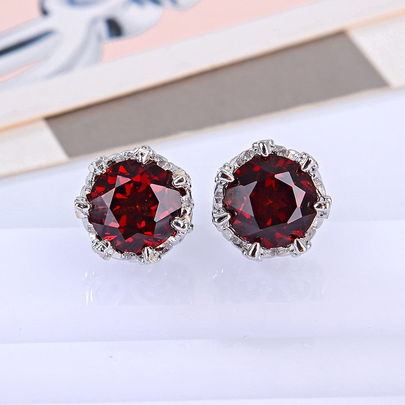 Natural Red Garnet 925 Sterling Silver Stud Earrings Crown Design Retro Style Main Stone 6mm Bright Color