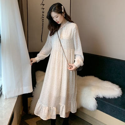 New 2020 Autumn Plus Size 4XL Dress Women Print Dot Bohemian Ruffles Vestidos Belt Patchwork Dress Bow Long Sleeve Robe Clothes