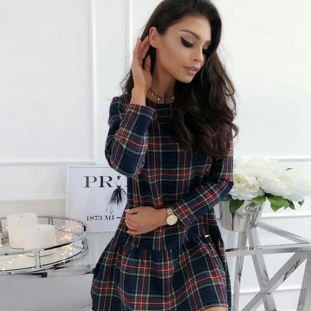 Plaid Long Sleeve Women Christmas Dress Autumn Fashion Female Mini Dresses Casual Round Neck Ladies Dress Fall Vestido De Festa