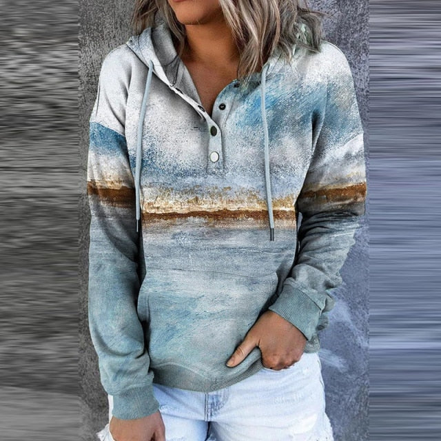 Women Casual Drawstring Button Tops Pullover Vintage Landscape Printed Hooded Sweatshirt 2021 Autumn Winter Long Sleeve Hoodie