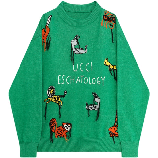 Women's Sweater Autumn Winter Korean Plus Size Fashion Pullover Knitted Baggy Oversized Animal Letter Embroidery Tops Sweater