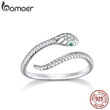 Load image into Gallery viewer, Thoi test bamoer Sterling Silver Platinum Plated Adjustable Ring, Green Zircon Retro Textures Snake Ring Fashion Jewelry SCR666
