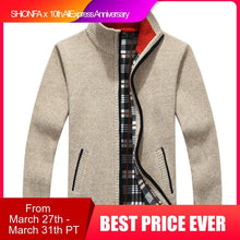 Load image into Gallery viewer, Winter Thick Men&#39;s Knitted Sweater Coat Off White Long Sleeve Cardigan Fleece Full Zip Male Causal Plus Size Clothing for Autumn
